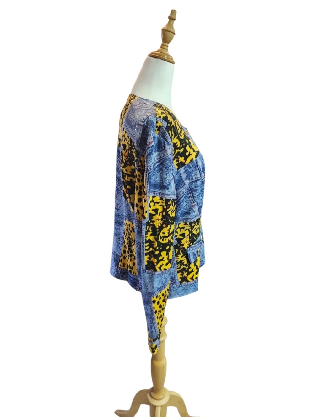 Joseph Ribkoff Bold Yellow Leopard & Denim Print Snap Button Top - Picture 9 of 12